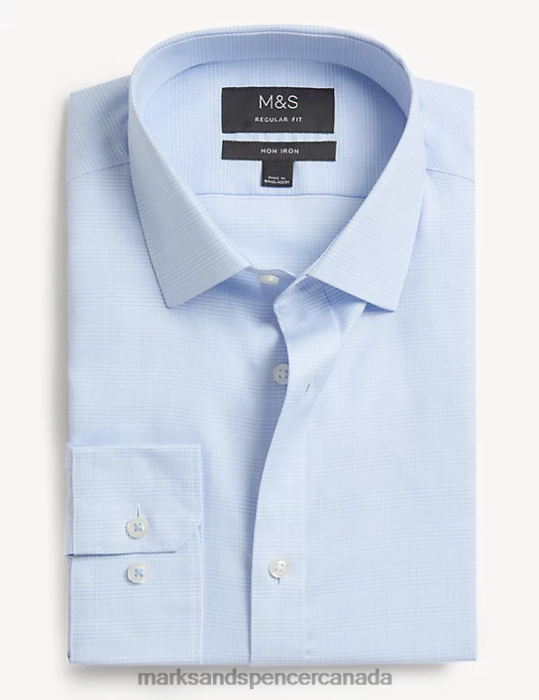 Men Light Blue Clothing Marks & Spencer Regular Fit Non Iron Pure Cotton Check Shirt 20VTD6220 - Marks and Spencer outlet