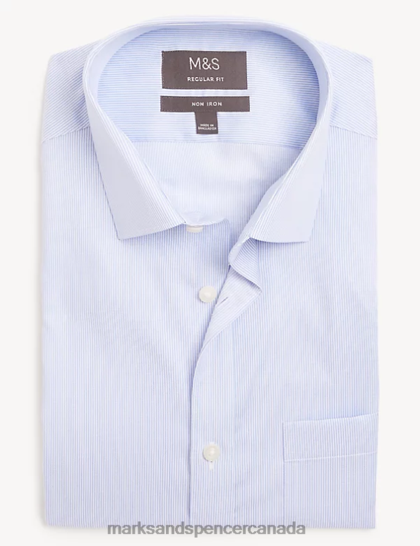 Men Light Blue Clothing Marks & Spencer Regular Fit Pure Cotton Non Iron Striped Shirt 20VTD7068 - Marks and Spencer outlet