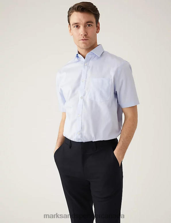 Men Light Blue Clothing Marks & Spencer Regular Fit Pure Cotton Non Iron Striped Shirt 20VTD7068 - Marks and Spencer outlet