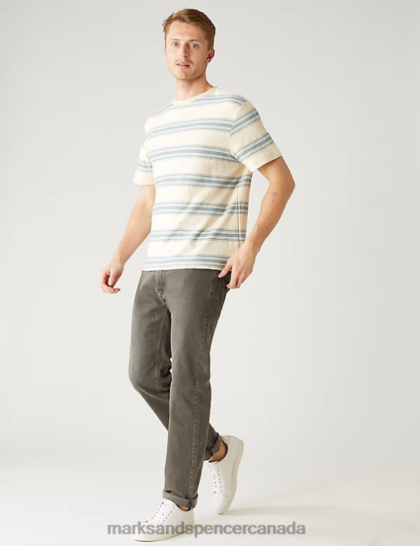 Men Light Blue Mix Clothing Marks & Spencer Relaxed Fit Pure Cotton Striped T-Shirt 20VTD5712 - Marks and Spencer outlet