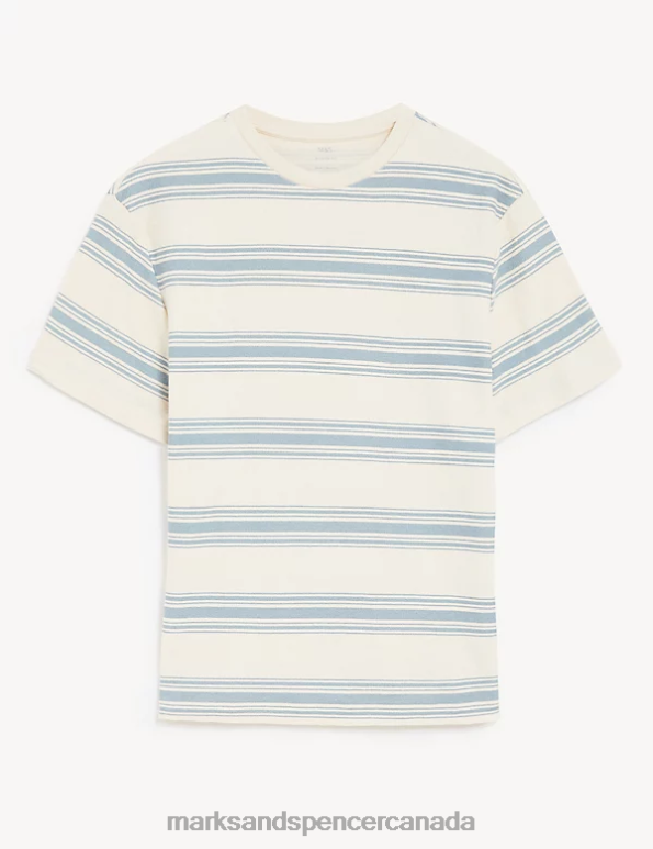 Men Light Blue Mix Clothing Marks & Spencer Relaxed Fit Pure Cotton Striped T-Shirt 20VTD5712 - Marks and Spencer outlet