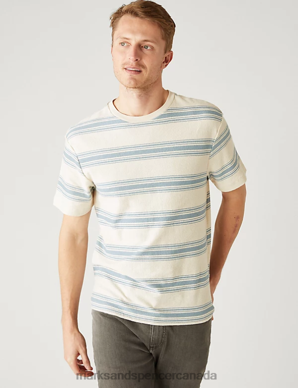 Men Light Blue Mix Clothing Marks & Spencer Relaxed Fit Pure Cotton Striped T-Shirt 20VTD5712 - Marks and Spencer outlet