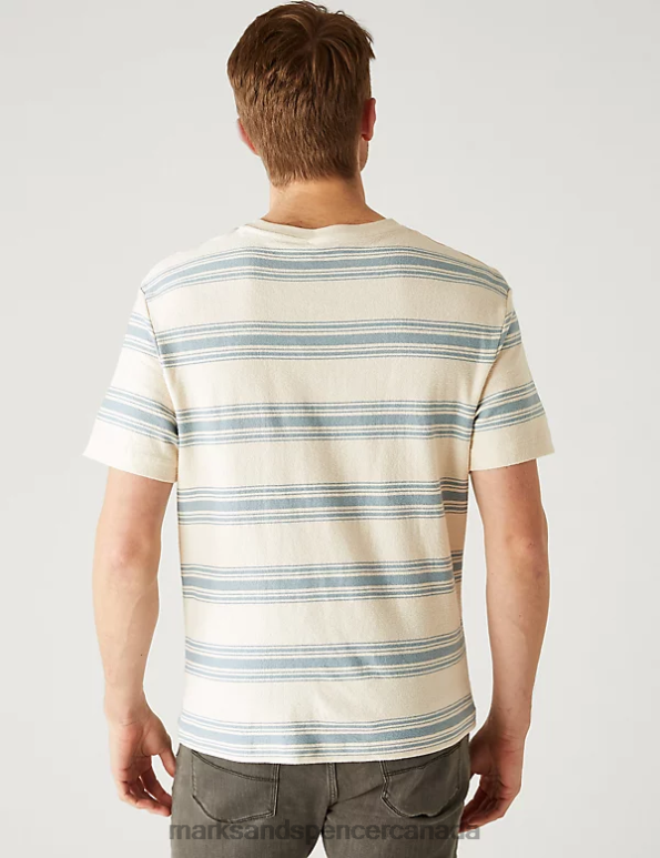 Men Light Blue Mix Clothing Marks & Spencer Relaxed Fit Pure Cotton Striped T-Shirt 20VTD5712 - Marks and Spencer outlet