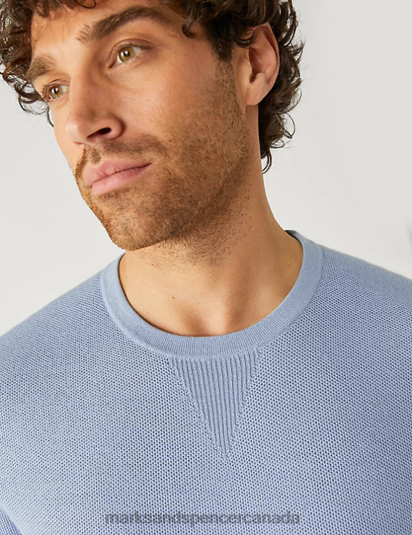 Men Light Blue Mix Clothing Marks & Spencer Wool Blend Textured Knitted T-Shirt 20VTD6854 - Marks and Spencer Canada locations