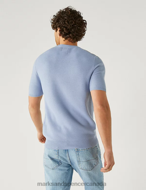 Men Light Blue Mix Clothing Marks & Spencer Wool Blend Textured Knitted T-Shirt 20VTD6854 - Marks and Spencer Canada locations