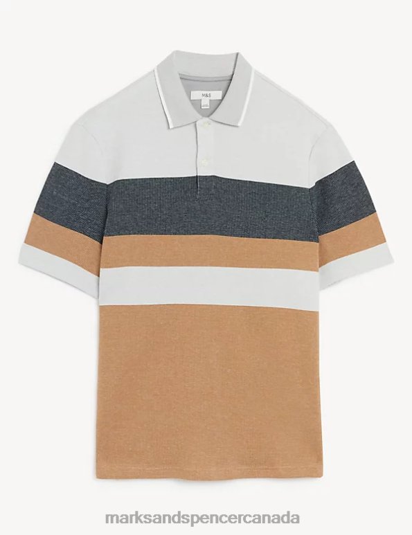 Men Light Bronze Clothing Marks & Spencer Pure Cotton Double Knit Striped Polo Shirt 20VTD5276 - Marks and Spencer Canada locations