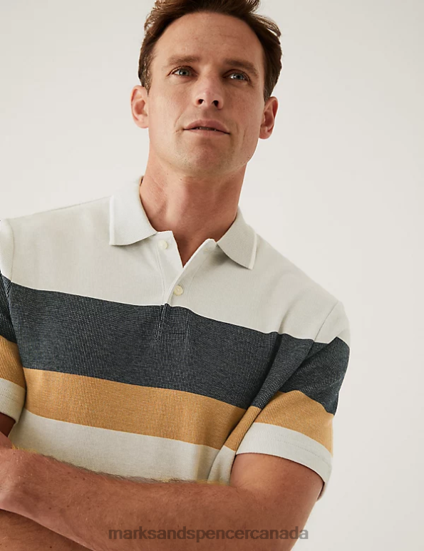 Men Light Bronze Clothing Marks & Spencer Pure Cotton Double Knit Striped Polo Shirt 20VTD5276 - Marks and Spencer Canada locations
