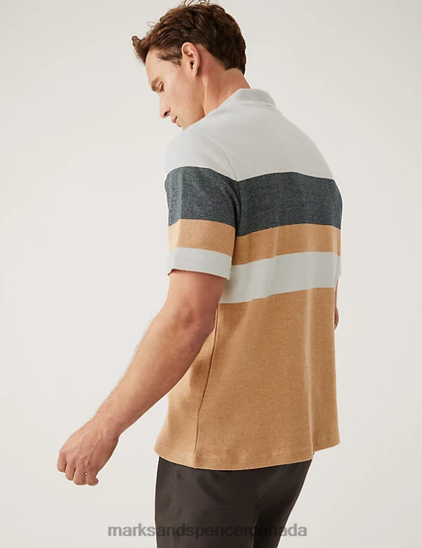 Men Light Bronze Clothing Marks & Spencer Pure Cotton Double Knit Striped Polo Shirt 20VTD5276 - Marks and Spencer Canada locations
