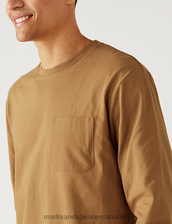 Men Light Bronze Clothing Marks & Spencer Pure Cotton Long Sleeve T-Shirt 20VTD7101 - Marks and Spencer online