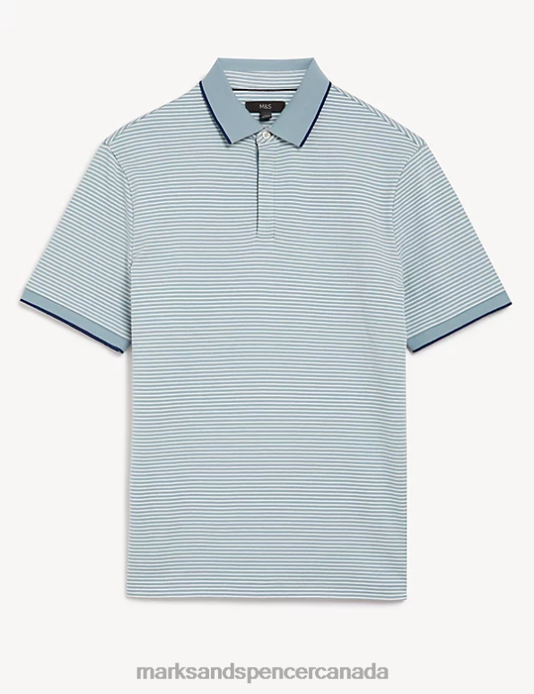 Marks and Spencer Canada - Men Light Duck Egg Clothing Marks & Spencer Pure Cotton Striped Polo Shirt 20VTD6156