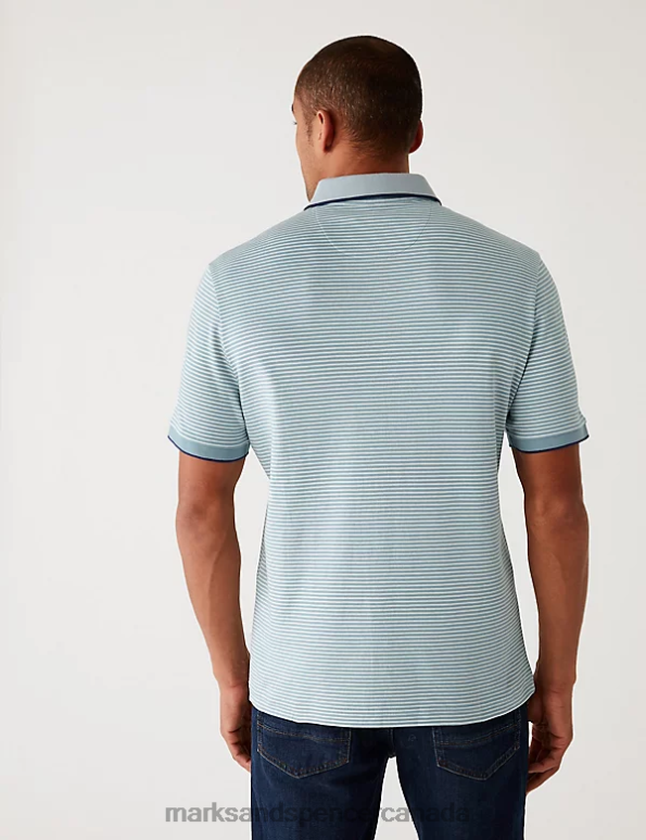 Marks and Spencer Canada - Men Light Duck Egg Clothing Marks & Spencer Pure Cotton Striped Polo Shirt 20VTD6156