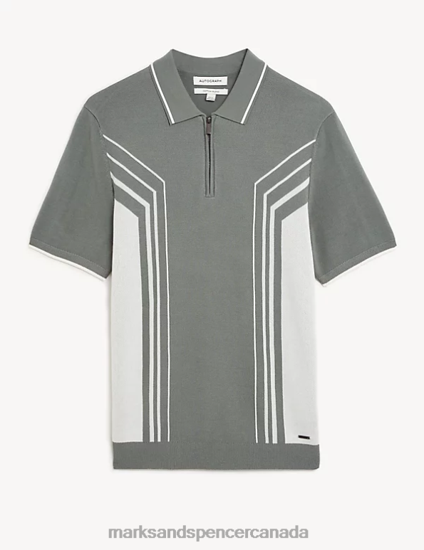 Men Light Green Mix Clothing Marks & Spencer Cotton Blend Colour Block Knitted Polo Shirt 20VTD6831 - Marks and Spencer Canada locations