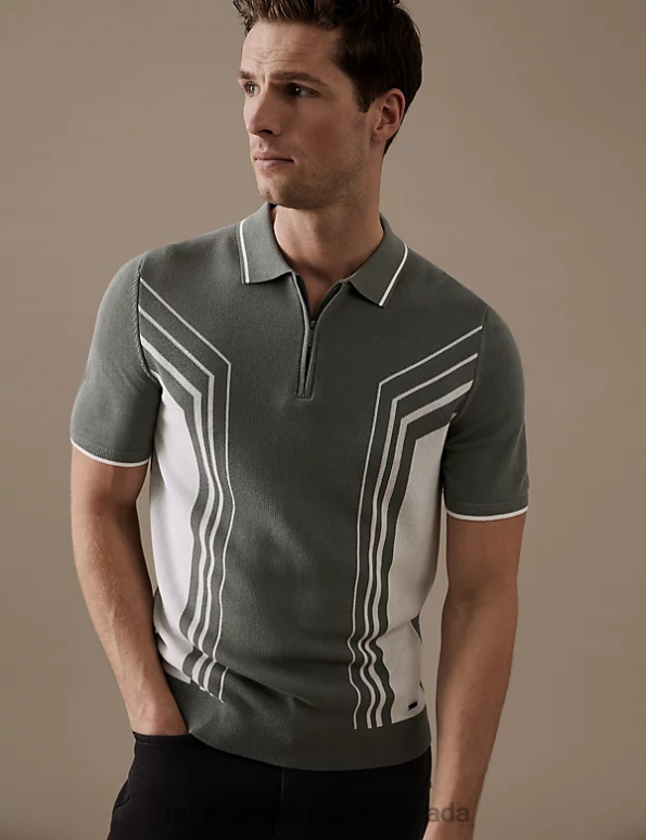 Men Light Green Mix Clothing Marks & Spencer Cotton Blend Colour Block Knitted Polo Shirt 20VTD6831 - Marks and Spencer Canada locations