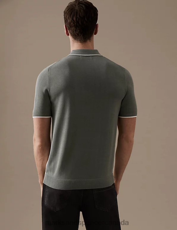 Men Light Green Mix Clothing Marks & Spencer Cotton Blend Colour Block Knitted Polo Shirt 20VTD6831 - Marks and Spencer Canada locations