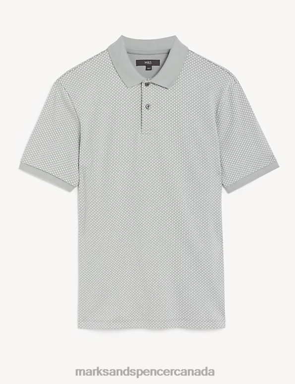 Men Light Grey Clothing Marks & Spencer Pure Cotton Geometric Print Polo Shirt 20VTD5394 - Marks and Spencer online