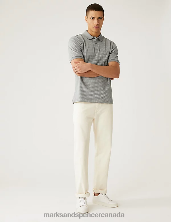 Men Light Grey Clothing Marks & Spencer Pure Cotton Geometric Print Polo Shirt 20VTD5394 - Marks and Spencer online