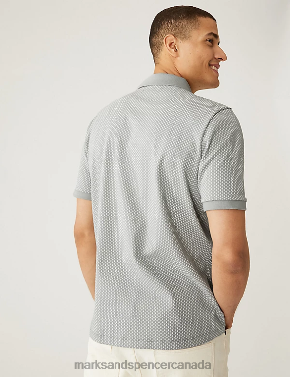 Men Light Grey Clothing Marks & Spencer Pure Cotton Geometric Print Polo Shirt 20VTD5394 - Marks and Spencer online
