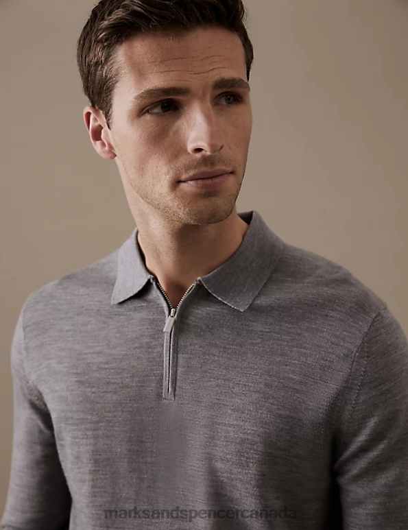 Marks and Spencer sale - Men Light Grey Clothing Marks & Spencer Pure Extra Fine Merino Wool Knitted Polo 20VTD6706
