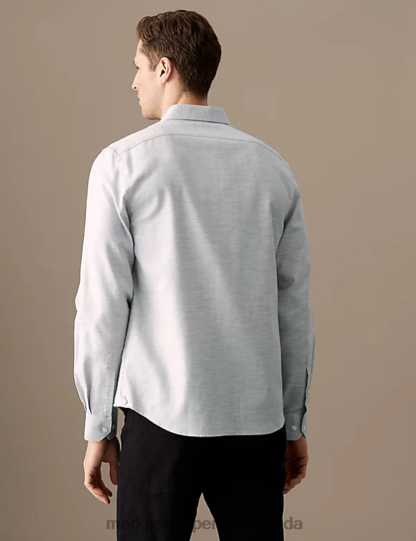 Marks and Spencer sale - Men Light Grey Clothing Marks & Spencer Regular Fit Pure Cotton Herringbone Shirt 20VTD5969