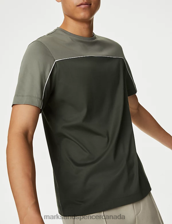 Marks and Spencer sale - Men Light Khaki Clothing Marks & Spencer Pure Supima CottonColour Block T-Shirt 20VTD5333