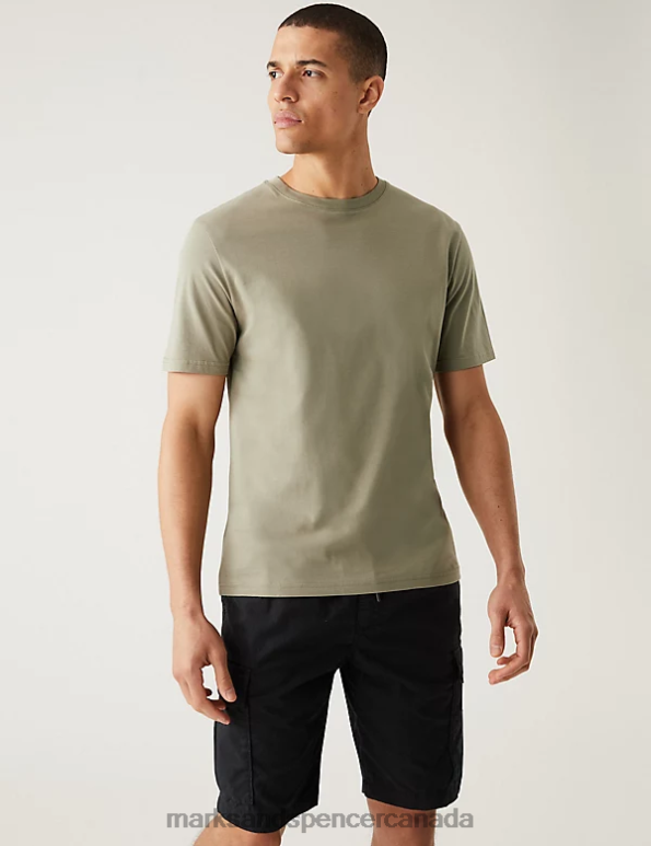 Marks and Spencer sale - Men Light Khaki Clothing Marks & Spencer Slim Fit Pure Cotton Crew Neck T-Shirt 20VTD5158