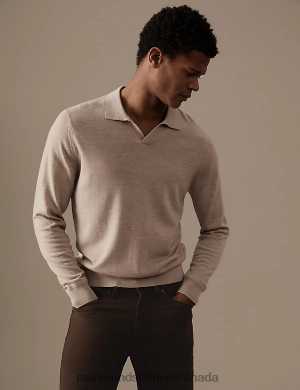 Marks and Spencer Canada - Men Light Natural Clothing Marks & Spencer Pure Extra Fine Merino Wool Knitted Polo Shirt 20VTD6673