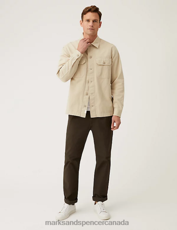Men Light Stone Clothing Marks & Spencer Pure Cotton Utility Overshirt 20VTD5176 - Marks and Spencer online