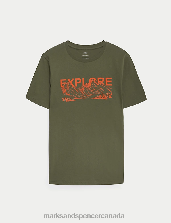 Men Medium Khaki Clothing Marks & Spencer Pure Cotton Explore Graphic T-Shirt 20VTD5090 - Marks and Spencer outlet