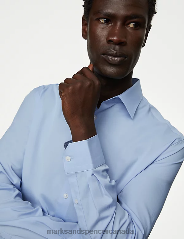 Men Mid Blue Clothing Marks & Spencer Slim Fit Cotton Rich Stretch Shirt 20VTD5982 - Marks and Spencer Canada locations