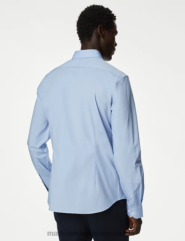 Men Mid Blue Clothing Marks & Spencer Slim Fit Cotton Rich Stretch Shirt 20VTD5982 - Marks and Spencer Canada locations