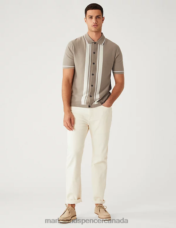 Men Natural Mix Clothing Marks & Spencer Cotton Rich Striped Knitted Polo Shirt 20VTD6168 - Marks and Spencer Canada locations