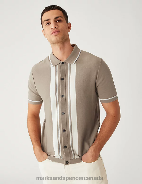 Men Natural Mix Clothing Marks & Spencer Cotton Rich Striped Knitted Polo Shirt 20VTD6168 - Marks and Spencer Canada locations