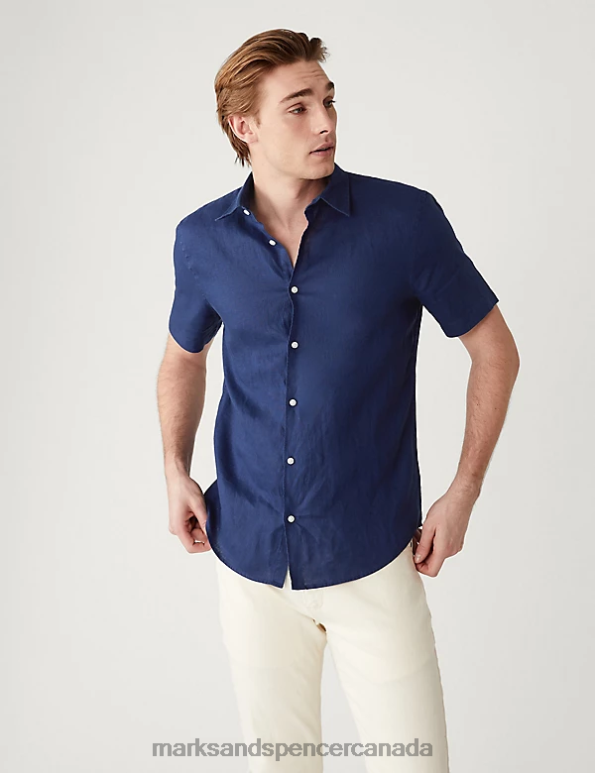 Men Navy Clothing Marks & Spencer Easy Iron Pure Linen Shirt 20VTD5310 - Marks and Spencer online