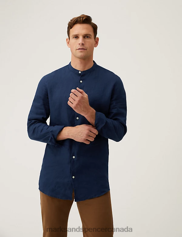 Marks and Spencer sale - Men Navy Clothing Marks & Spencer Longer Length Pure Linen Grandad Collar Shirt 20VTD5515