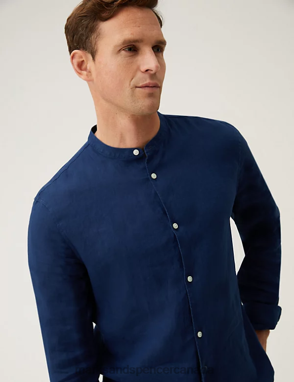 Marks and Spencer sale - Men Navy Clothing Marks & Spencer Longer Length Pure Linen Grandad Collar Shirt 20VTD5515