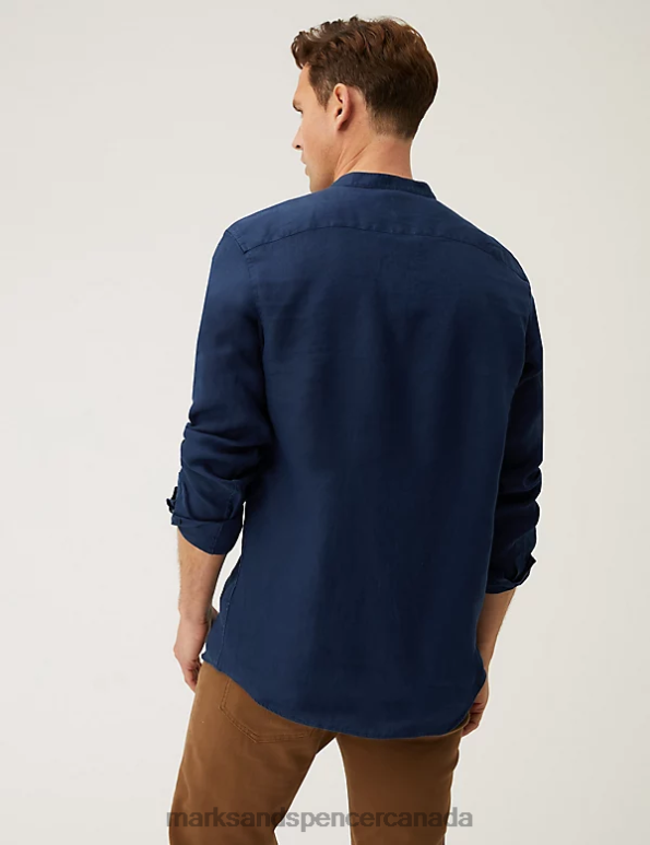 Marks and Spencer sale - Men Navy Clothing Marks & Spencer Longer Length Pure Linen Grandad Collar Shirt 20VTD5515
