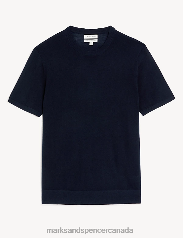 Men Navy Clothing Marks & Spencer Pure Extra Fine Merino Wool Knitted T-Shirt 20VTD6727 - Marks and Spencer online