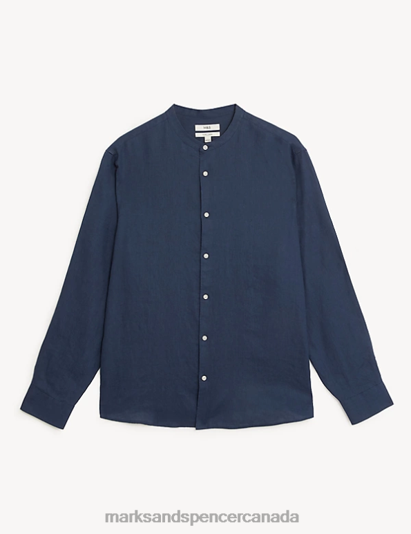 Men Navy Clothing Marks & Spencer Pure Linen Grandad Collar Shirt 20VTD6491 - Marks and Spencer Canada locations