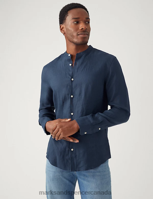 Men Navy Clothing Marks & Spencer Pure Linen Grandad Collar Shirt 20VTD6491 - Marks and Spencer Canada locations