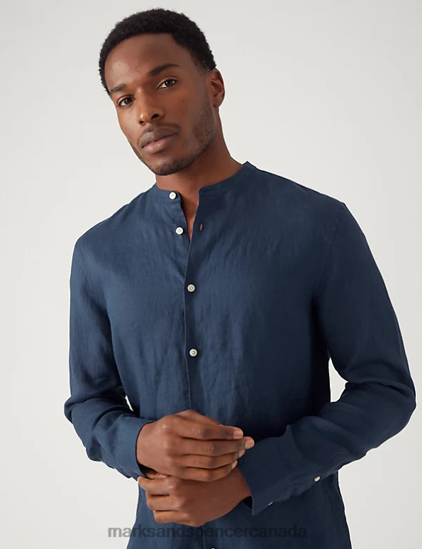 Men Navy Clothing Marks & Spencer Pure Linen Grandad Collar Shirt 20VTD6491 - Marks and Spencer Canada locations