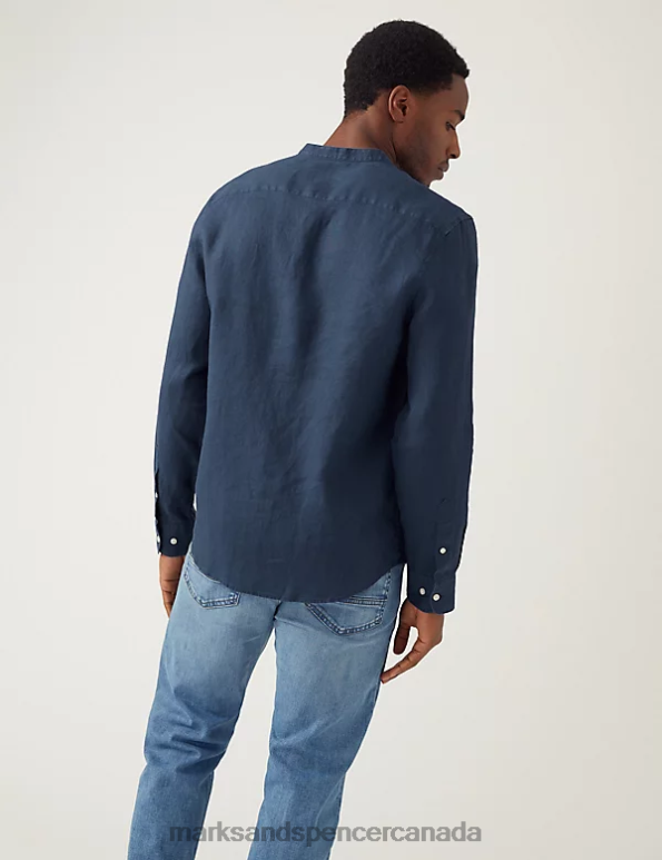 Men Navy Clothing Marks & Spencer Pure Linen Grandad Collar Shirt 20VTD6491 - Marks and Spencer Canada locations