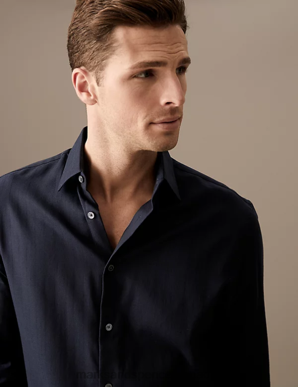 Marks and Spencer sale - Men Navy Clothing Marks & Spencer Regular Fit Pure Cotton Herringbone Shirt 20VTD6350