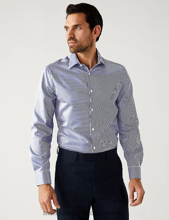 Men Navy Clothing Marks & Spencer Slim Fit Pure Cotton Striped Shirt 20VTD6654 - Marks and Spencer online