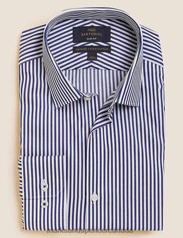 Men Navy Clothing Marks & Spencer Slim Fit Pure Cotton Striped Shirt 20VTD6654 - Marks and Spencer online