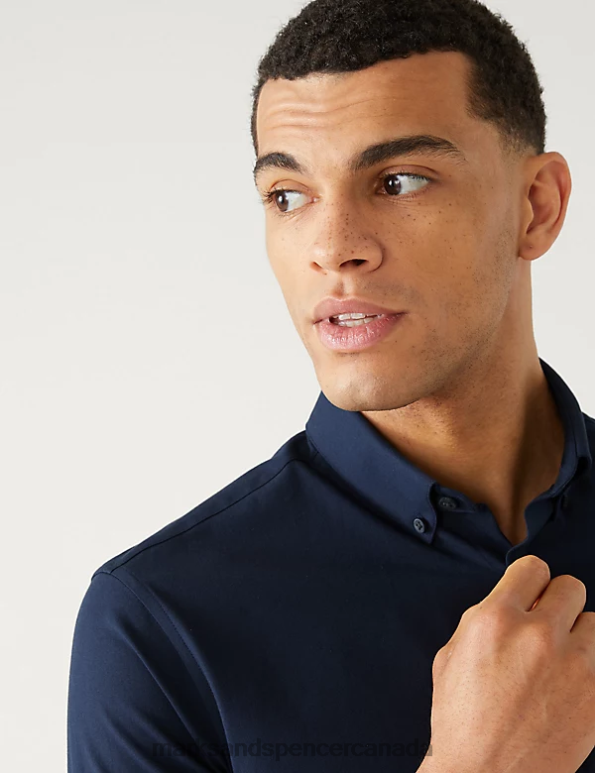 Men Navy Clothing Marks & Spencer Slim Fit Ultimate Shirt with Stretch 20VTD5656 - Marks and Spencer online