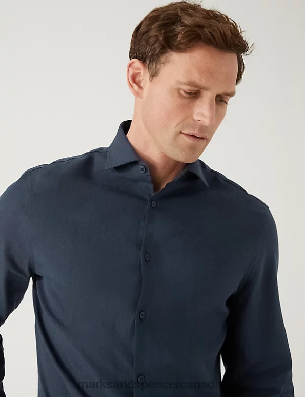 Marks and Spencer near me - Men Navy Clothing Marks & Spencer Tailored Fit Italian Linen Miracle Shirt 20VTD5842