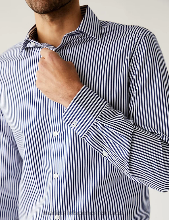 Marks and Spencer near me - Men Navy Clothing Marks & Spencer Tailored Fit Pure Cotton Striped Shirt 20VTD6839