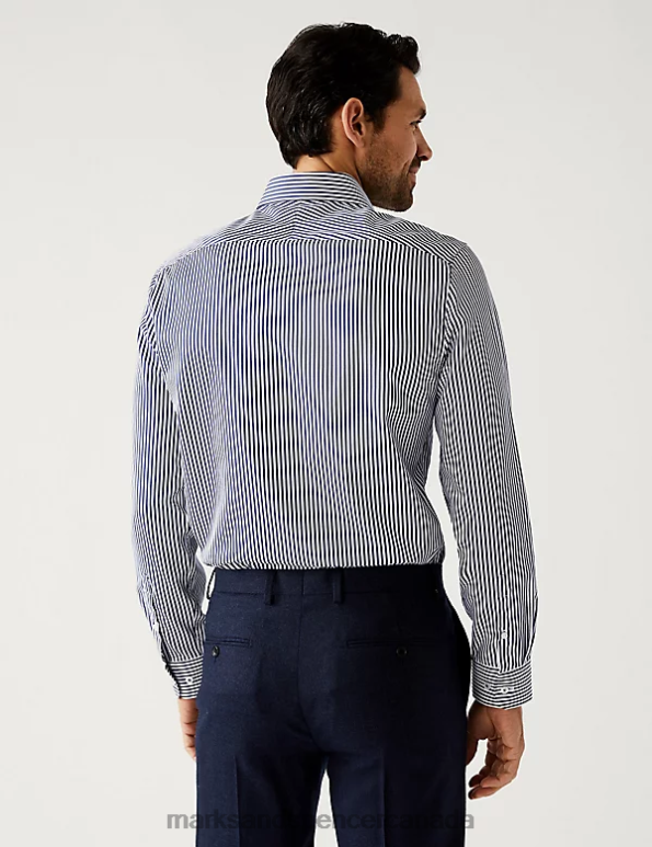 Marks and Spencer near me - Men Navy Clothing Marks & Spencer Tailored Fit Pure Cotton Striped Shirt 20VTD6839