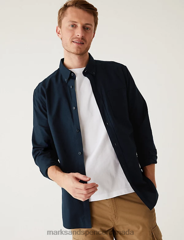 Men Navy Mix Clothing Marks & Spencer 2pk Easy Iron Pure Cotton Oxford Shirts 20VTD6197 - Marks and Spencer outlet