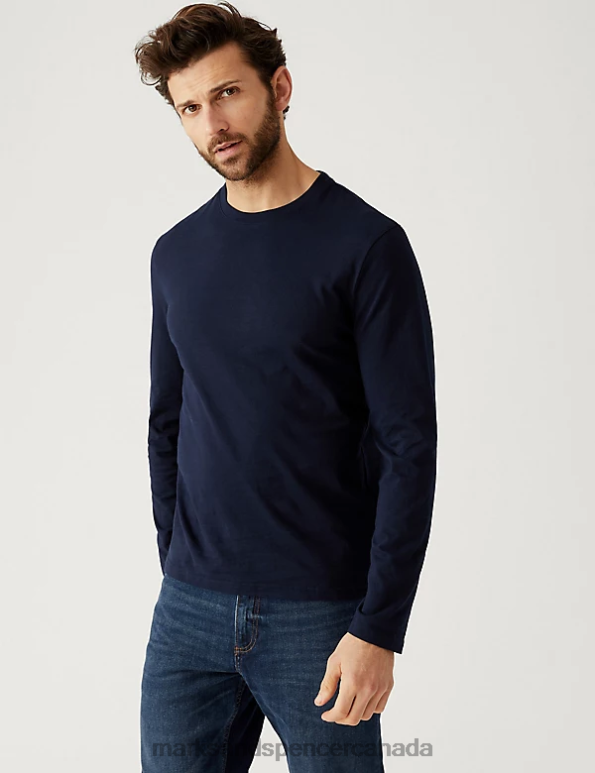 Men Navy Mix Clothing Marks & Spencer 2pk Pure Cotton Long Sleeve T-Shirts 20VTD5122 - Marks and Spencer Canada locations